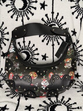 Ed Hardy Black Studded Graphic Tattoo Hobo Bag